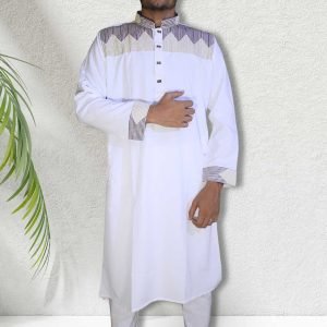 Eid new collection Stylish Cotton White color Punjabi (Snap Button/ টিপ বুতাম)